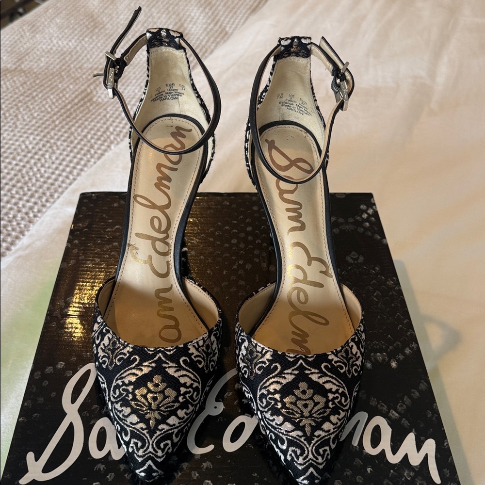 Sam Edelman Harlow Black and Gold Patterned Ankle Strap Heels